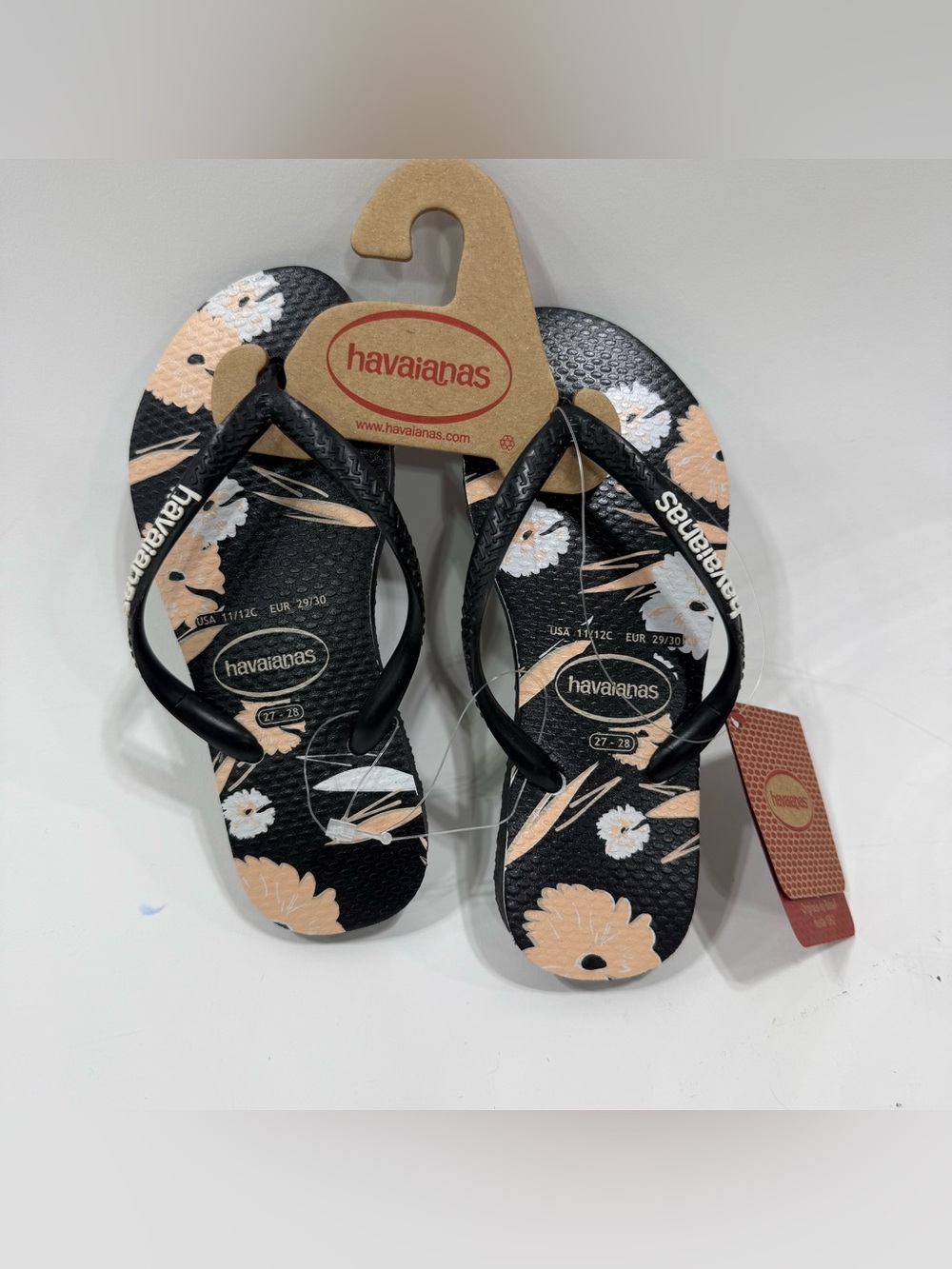 Havaianas Kids Black Sandals with Peach & White Floral Print